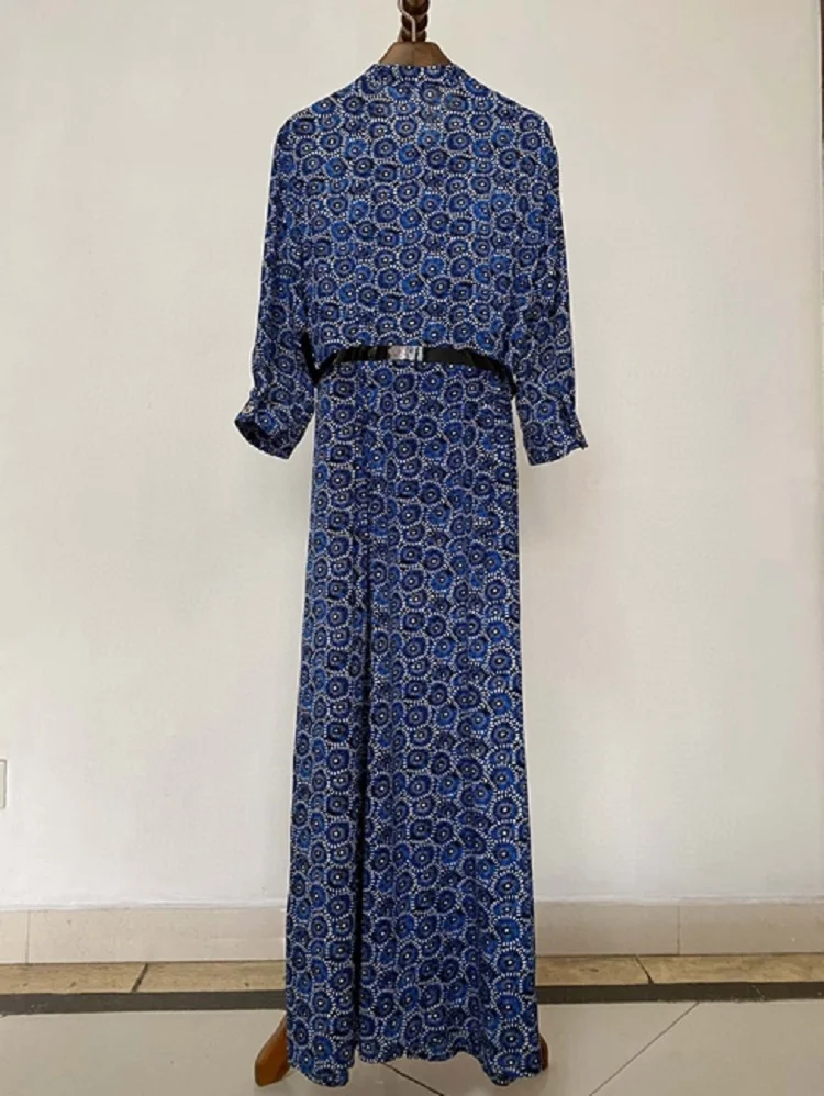 

Blue 2020 Spring Summer Party Evening Women Sunflower Print Belt Patchwork 3/4 Sleeve Long Shirt Style Dress Vestido