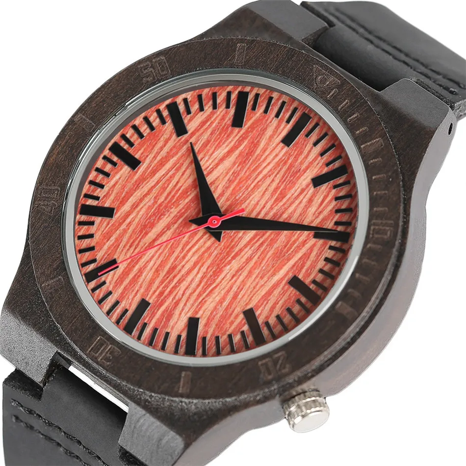 

REDFIRE Stylish Red Dial Ebony Wood Men Watch Quartz Movement Retro Natural Wooden Men's Watches Pin Buckle Genuine Leather Band