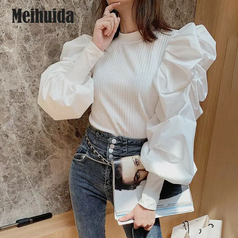 Модные женские туфли с буффами на рукавах вязаный Топ в стиле пэчворк круглым