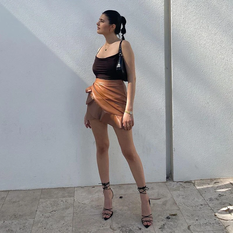 

Women Glossy Faux Leather Skirt Fashion Autumn Lady High-waist Irregular Ruffles Short Skirt Solid Color PU Trumpet Skirts