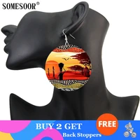 somesoor afrocentric ethnic giraffe animal design wooden drop earrings both sides printed tribal headwrap beauty for women gifts