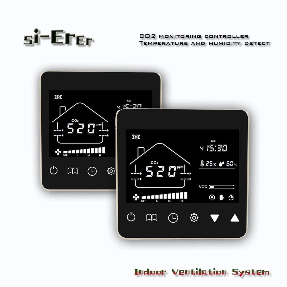 Indoor ventilation system controller, CO2 air quality control adjustment, with three-speed fan output