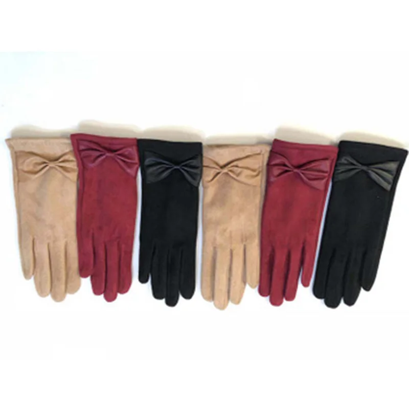 

Fashion Women Winter Warm Touch Screen Mittens Winter Female suede Leather Bow Embroidery Glove Soft Wrist Driving Glove E5