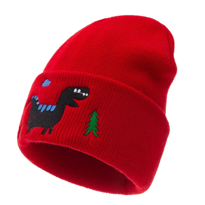 

Kids Baby Winter Knitted Beanie Hat Cartoon Dinosaur Embroidery Cuffed Skull Cap A2UA