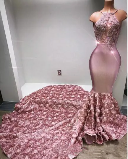 

Женское вечернее платье-русалка, длинное платье с цветочной аппликацией и лямкой на шее, расшитое бисером, для выпускного вечера