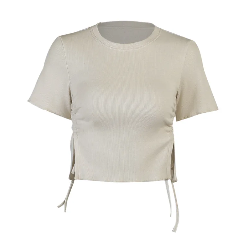 

Apricot Super Chic Thread Split Drawstring Cropped T Shirts for Ladies 2021 Summer Sexy Girls Mini Tees Tops Casual Streetwear