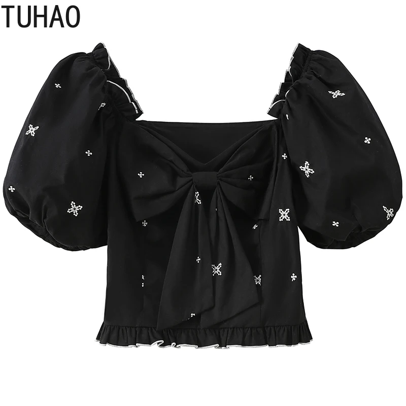 

Шифоновые блузки TUHAO с пышными рукавами, элегантная офисная рубашка для работы, Дамский Топ, летняя женская блузка с принтом