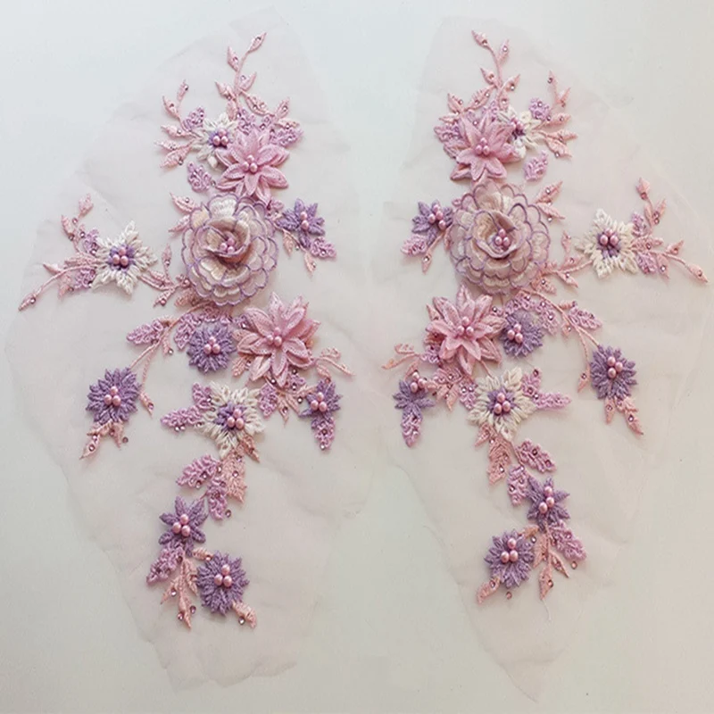 2 шт трехмерная Цветочная вышивка с пайетками Бисером кружевная часть ручной