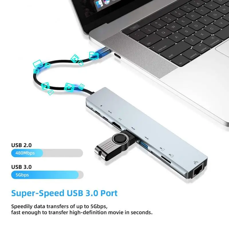 

USB-концентратор 8 в 1, Type C 3,1 на USB Type-C, кардридер RJ45, SD/TF