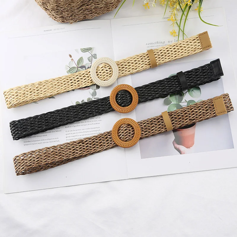 

Fashion Bohemian Style Belt Round Plastic Buckle Waist Strap Cotton And Linen Ethnic Dress Decorative Coat Trousers Waistbands