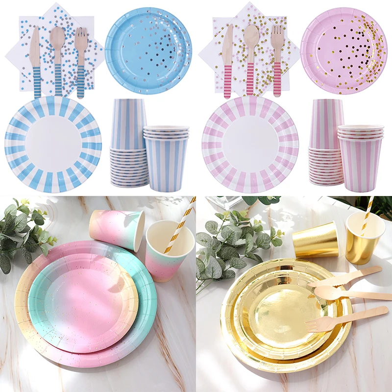 

Pink blue party disposable tableware set party table decoration paper cup plate straw fork spoon wedding birthday party supplies