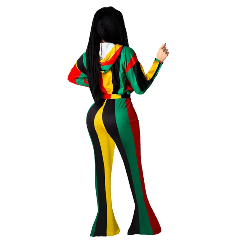 

HIRIGIN New Fashion Women's Set Patchwork 2 Pieces Long Sleeve Hooded Sweatshirts Tops High Waist Flared Pants Bell Bottons 2020