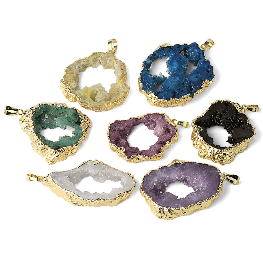 Геометрический Друза природного камня Geode кулон ожерелья для женщин золотой цвет