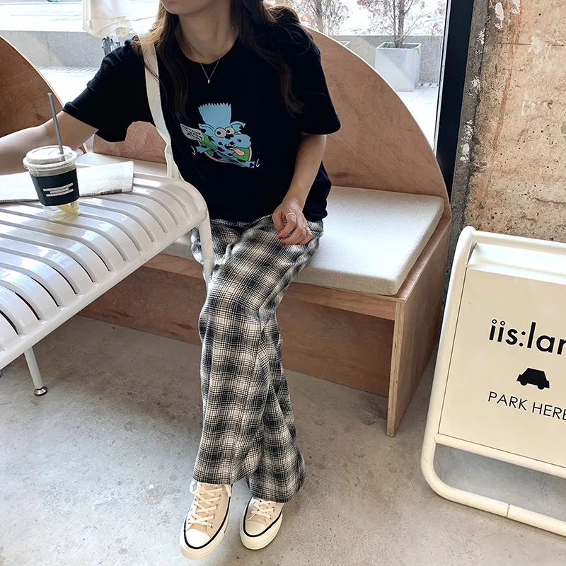 High Waist Black Plaid Wide Leg Pants Women 2020 Vintage Casual Female Pocket Streetpants Cotton Loose Straight Pants Trousers