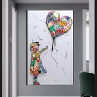 Граффити Бэнкси рисунок мальчик сердце воздушный шар Холст Картина улица абстрактный красочный постер Настенная картина для декора спальни