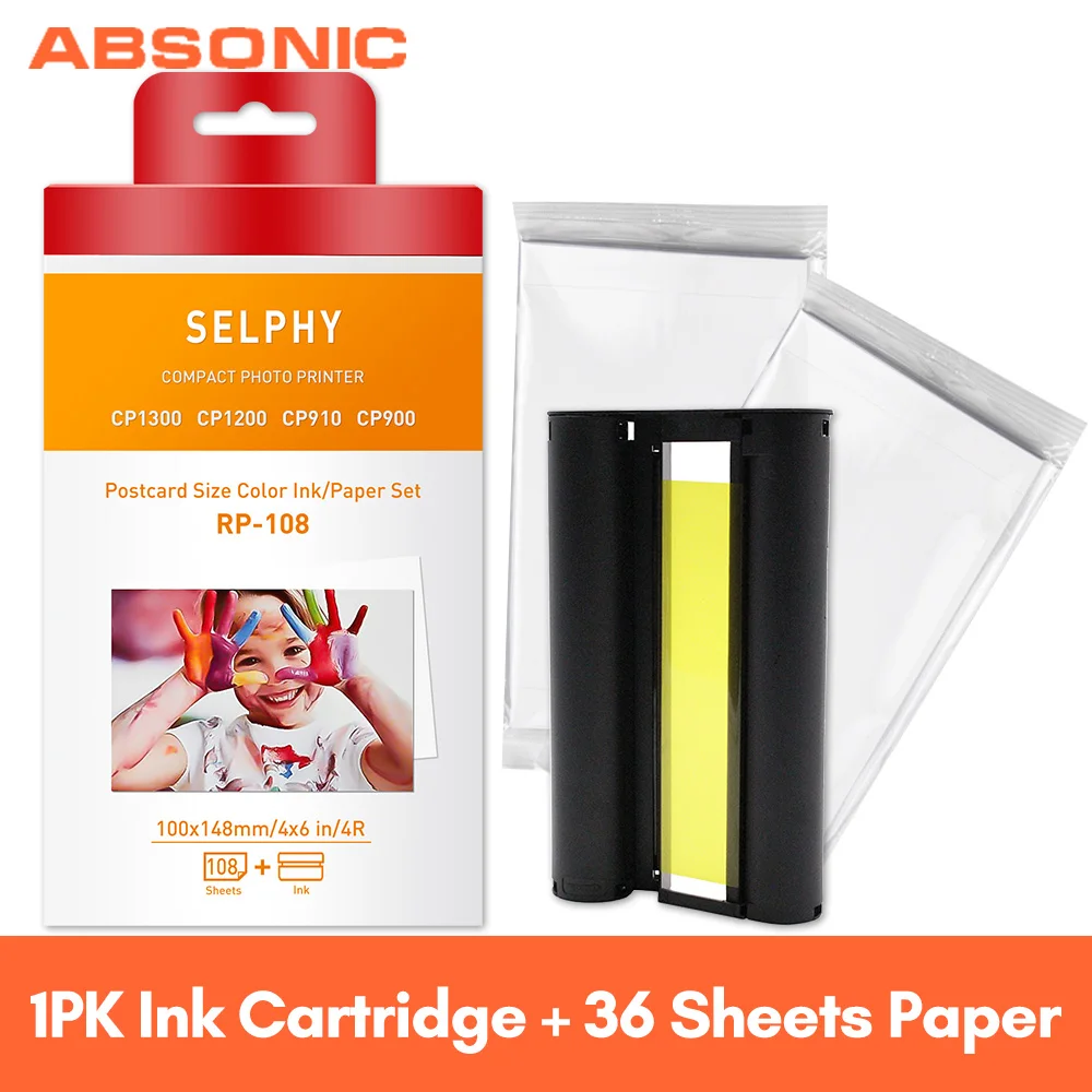 Absonic KP108IN KP 36IN 6 дюймов Фотобумага для Canon Selphy CP1300 CP1200 картридж с чернилами принтера