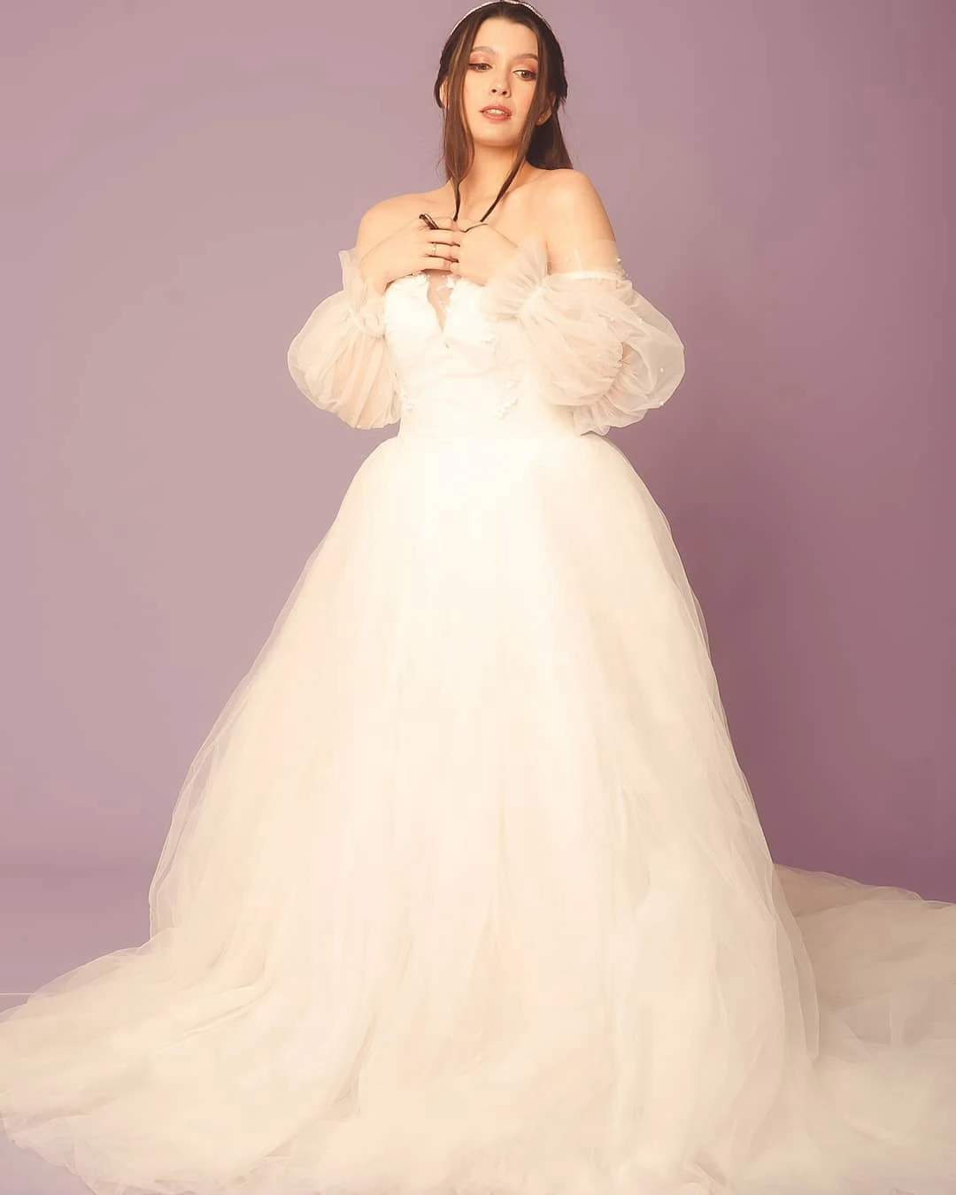

High Quality White Wedding Dress Off-The-Shoulder High Waist Bubble Sleeve Sweep Train Modest Backless Bridal Gown Event Dresses