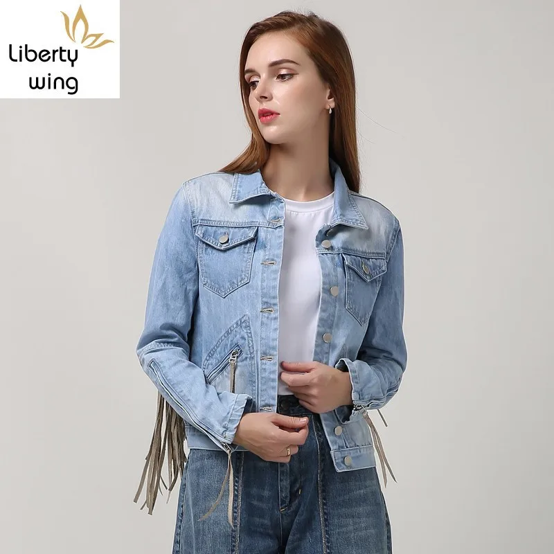 Женская джинсовая куртка на молнии однобортная приталенная в европейском стиле