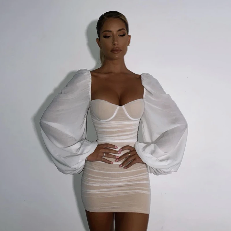 

Белое шифоновое мини-платье женские возлюбленная с длинной шеей Фонари рукава с рюшами облегающее вечерние коктейльное платье 2021