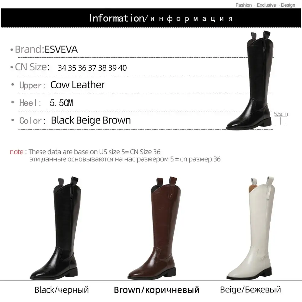 

ESVEVA 2021 Round Toe Fashion Mid Calf Boots Autumn Winter Zipper Long Boots Cow Leather Square Heel Women Shoes Size 34-40