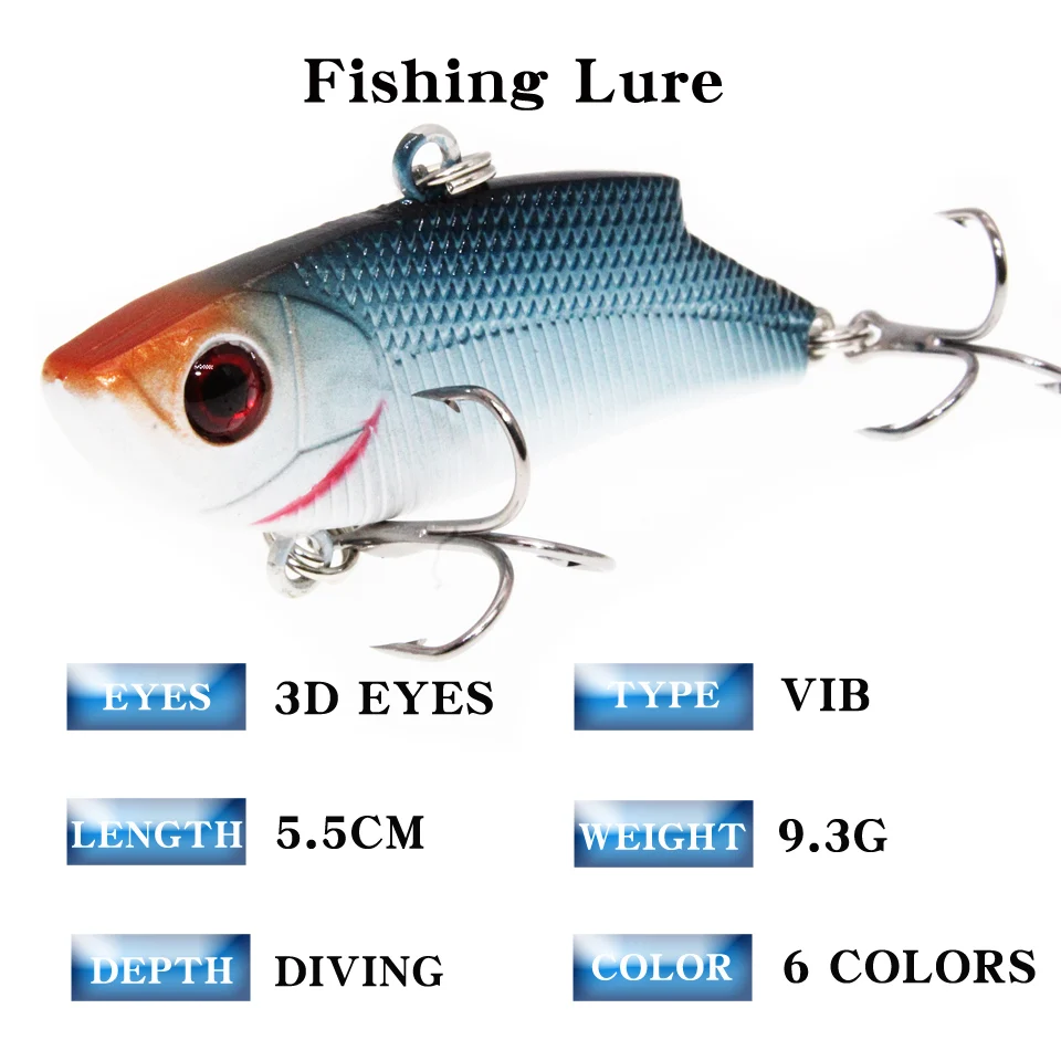 1pcs 5.5cm 10g Hard VIB Lures Fishing Minnow Bait Treble Hooks Sinking Crankbait Wobblers Fishing Tackle 3DEyes
