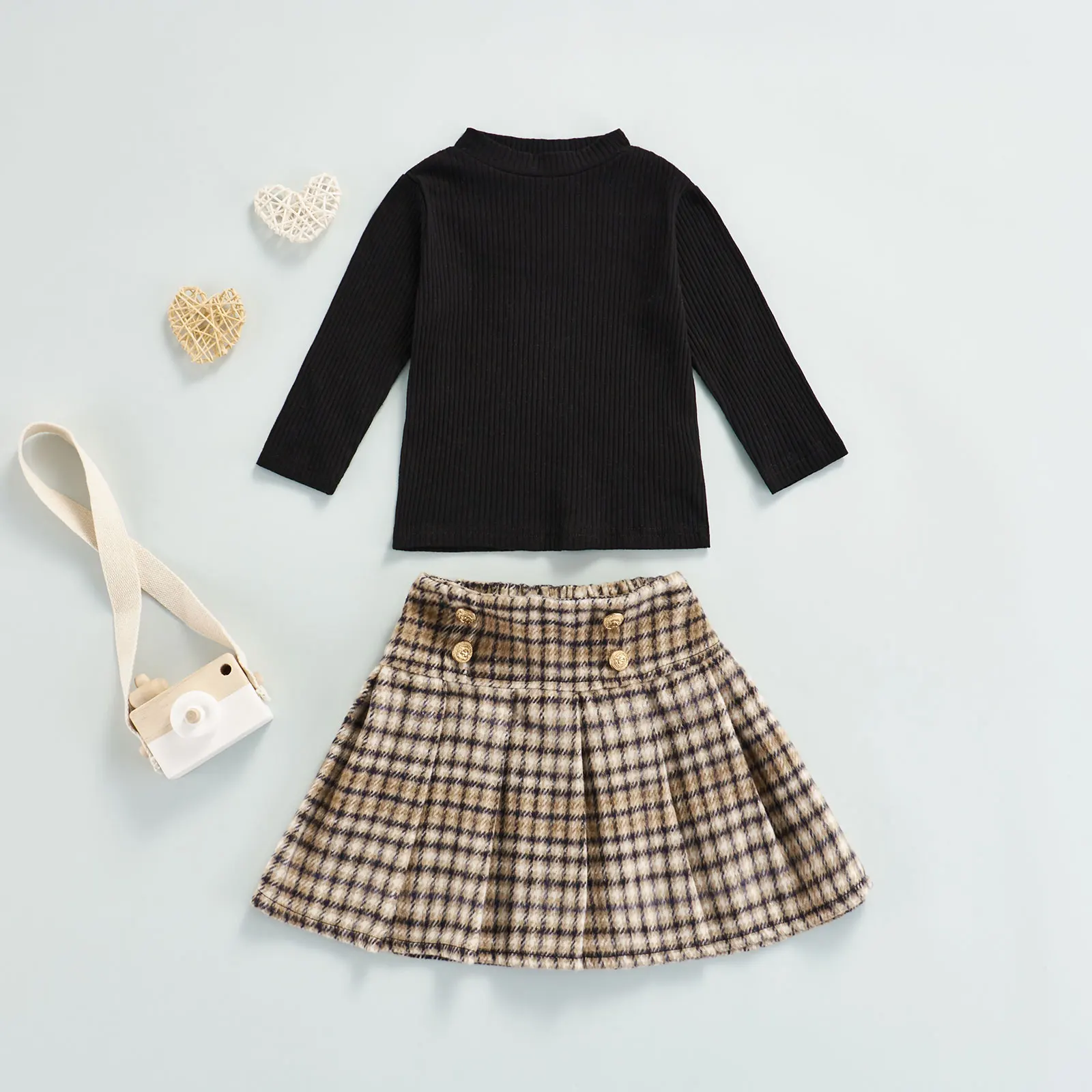 

Autumn 2Pcs Baby Girls Casual Clothing Sets Children's Long Sleeve O-Neck Ribbed Tops Plaid Mini Skirt Outfits Palysuits 1-6Y