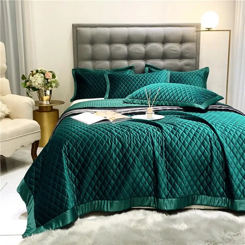 Роскошное мягкое шелковое бархатное флисовое стеганое покрывало зеленого