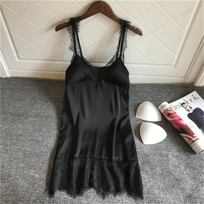 Черная сексуальная пижама для женщин с нагрудной подушкой глубоким V образным