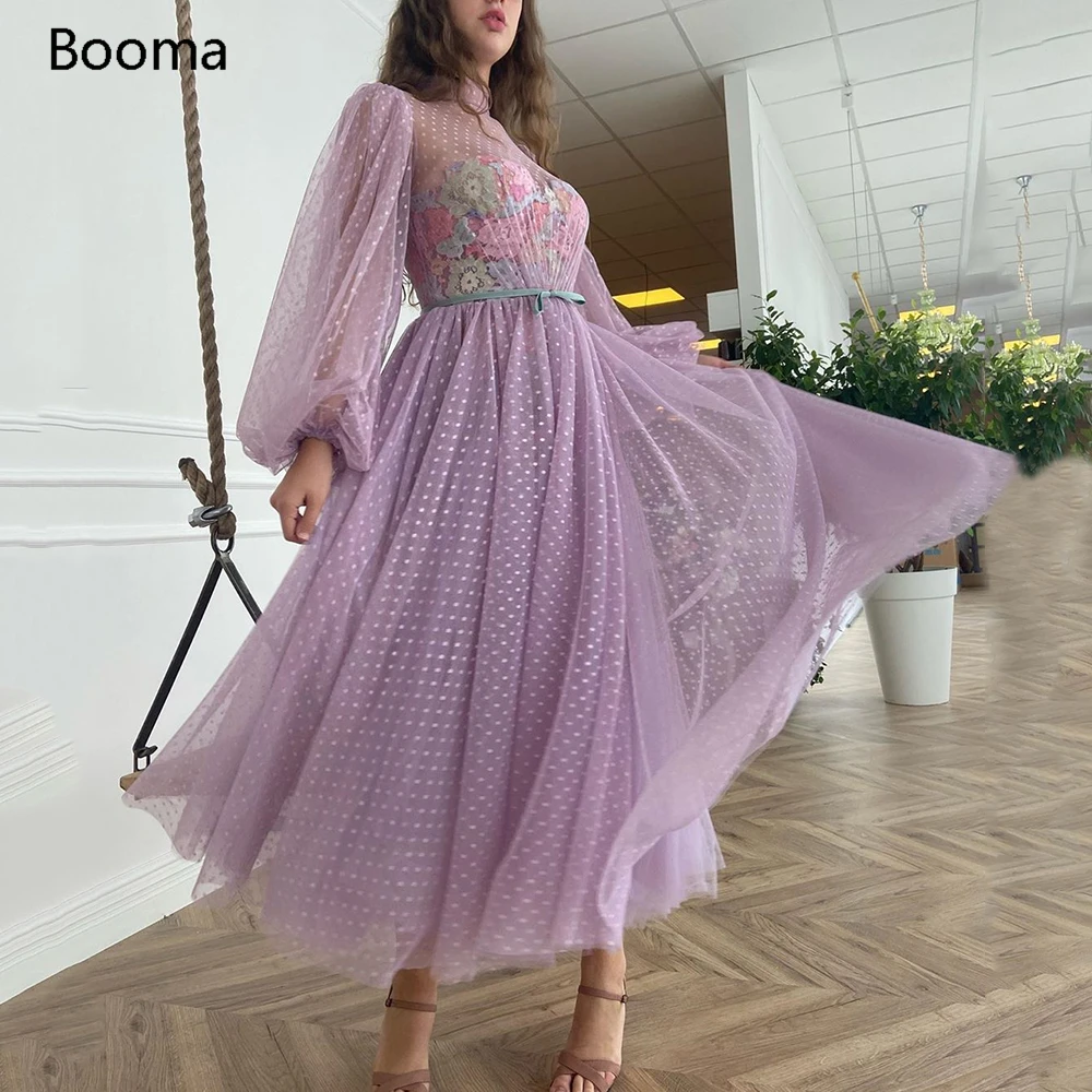 

Lavender High Neck Prom Dresses Long Sleeves Polka Dots Tulle Tea-Length Evening Dresses Colorful Appliques Formal Party Dress