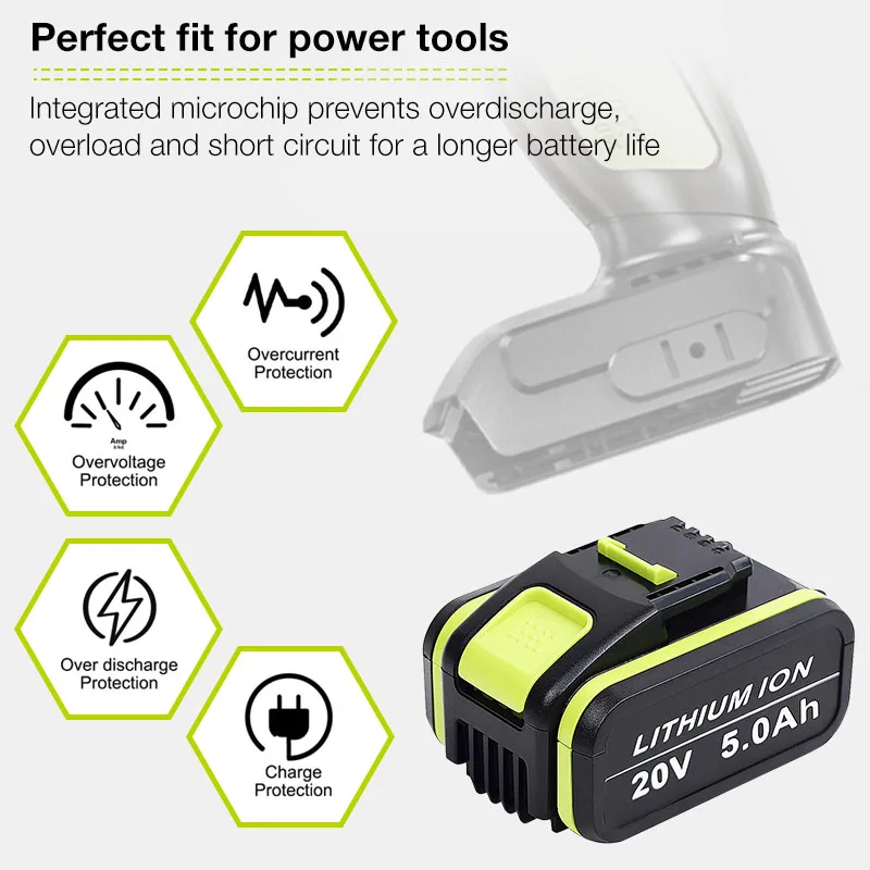 20V 5.0Ah Li-Ion Power Tool Replacement Rechargeable Battery for Worx WA3553 WA3551 WX390 WX176 WX178 WX550 WX678 WX373 WA3572 |