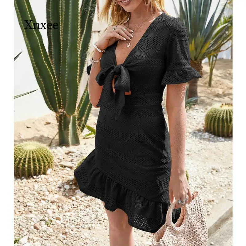 

2021 Summer Women's Sexy Short Sleeve V-Neck Mini Bandage Dress Costume High Waist Ruffle Hollow Party Dress
