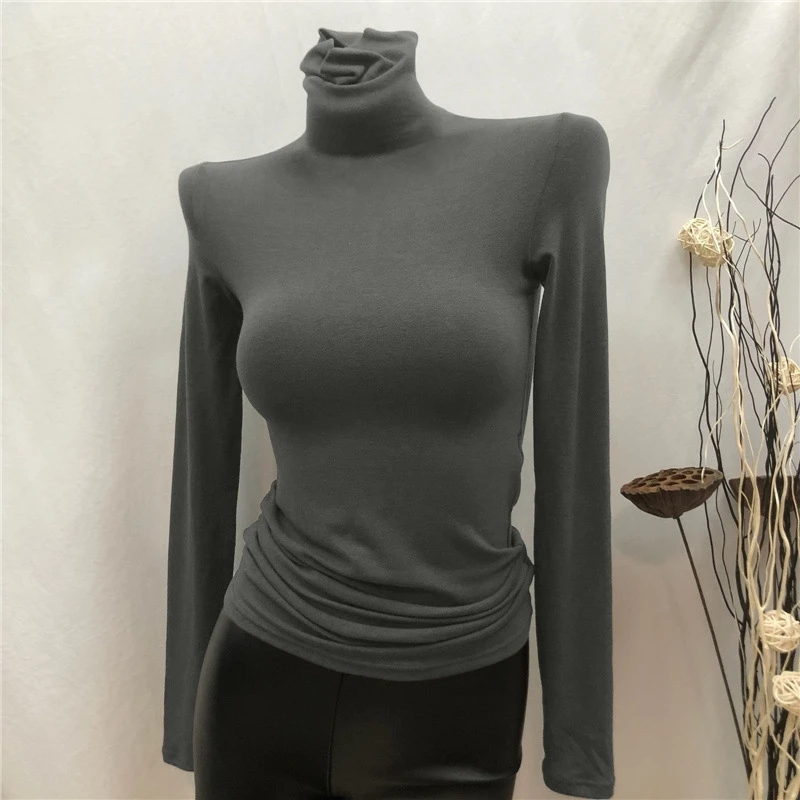 

Winter Autumn Bottom Long Sleeve Turn- T Shirt Women High Elasticity Casual Slim Basic Solid Color Female Top