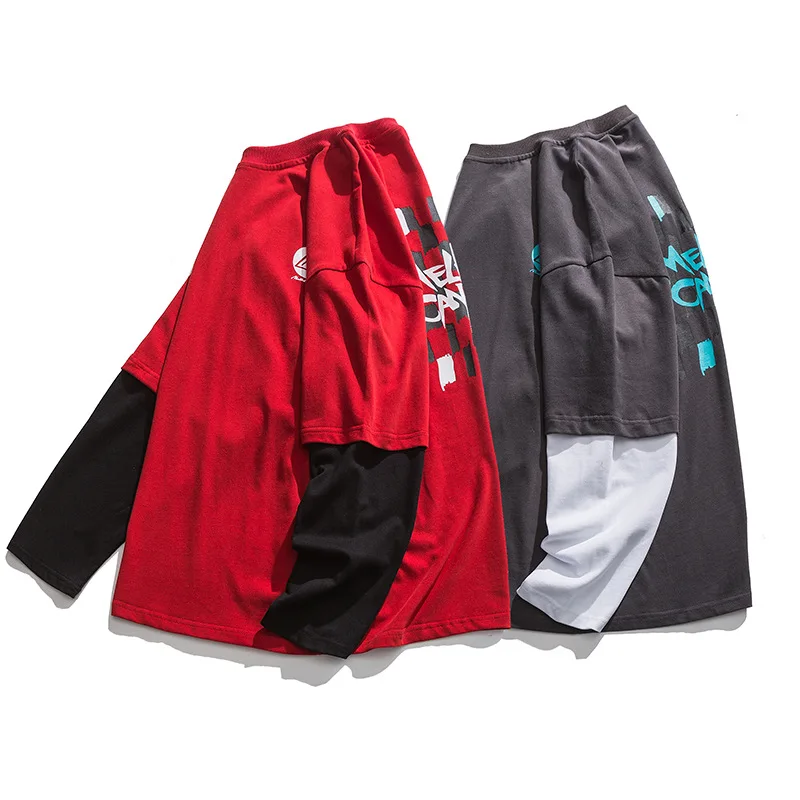 

Washed Solid Color Fake Two-Piece Men's Loose Pullover High Street Loose Oversize Retro Top