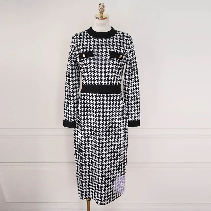 

Knit Dress Thin Waist Fall Long Sleeve Sweater Dresses Women's Autumn and Winter Sweater Dress French Houndstooth
