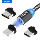 Магнитный светодиодный usb-кабель TOPK 1 мMicro USBType-C для iPhone X Xs Max XR 8 7 6s 6 5, магнитное зарядное устройство для Samsung Xiaomi USB C