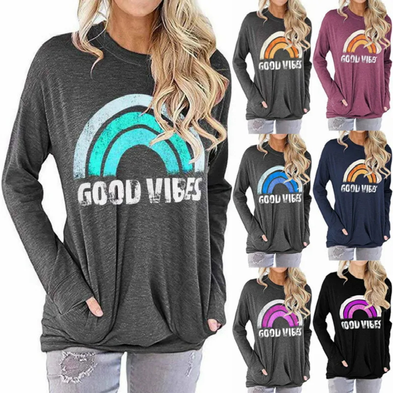 

Bikoles New Spring Autumn O Neck Long Sleeve Cotton Women's T Shier Fahsion Rainbow Letter Print Pullover Pocket Ladies Tops Tee