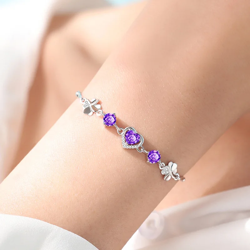 

Top Grade 925 Sterling Silver Bracelet For Women Jewelry Shiny Zircon Round Heart Clover Bracelets Female Anniversary Bijou Gift