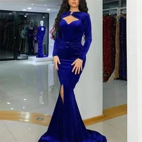 elegant blue velvet evening dress party dresses long sleeve robe de soir%c3%a9e v neck dubai prom gowns for women