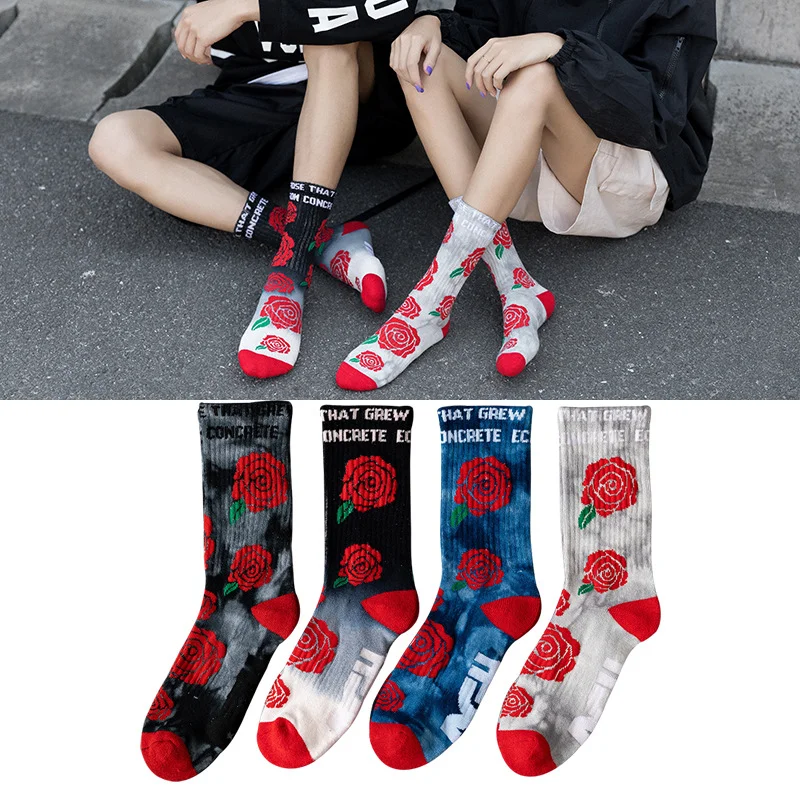 

New Socks men and women rose tie-dye terry socks warmth street personality couples European and American trends skateboard socks