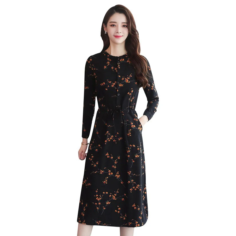 

Women Autumn Winter New Black Floral Vintage Dress Plus Size S-3XL Dresses Korean Elegant Women Party Long Sleeve Dress