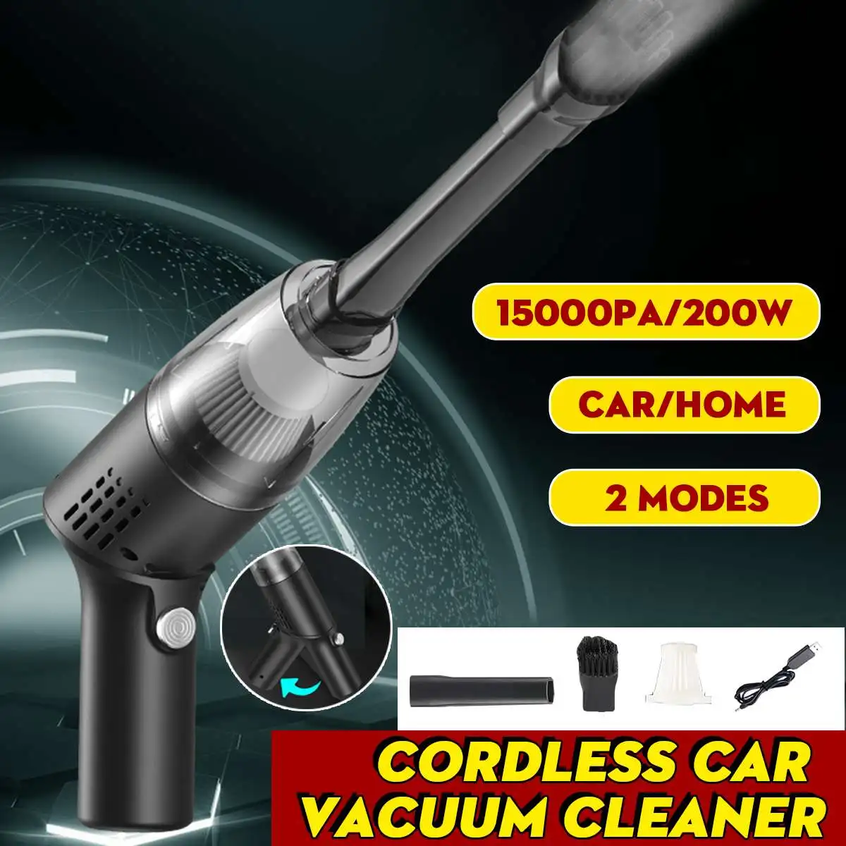 

Ручной беспроводной автомобильный пылесос, 15000 па, 200 Вт, 2 режима