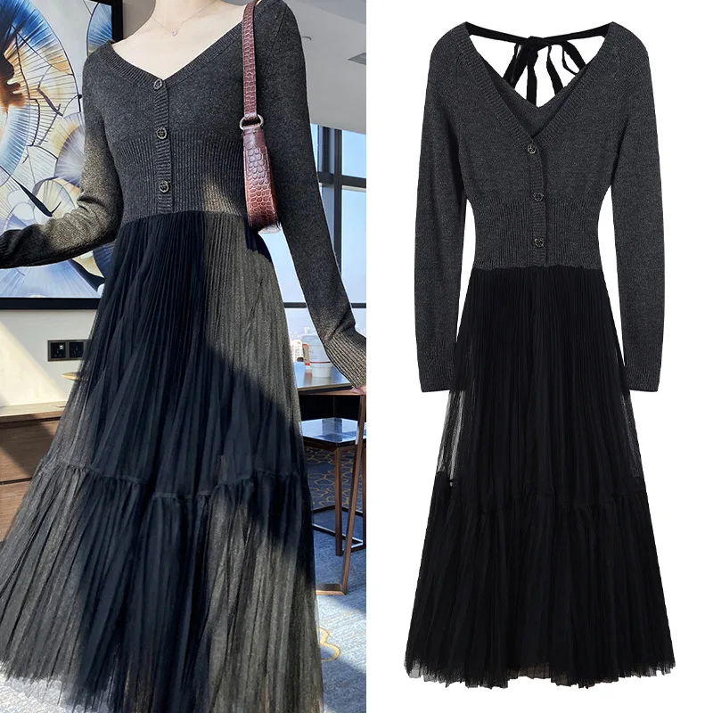 

ENGAGEMENT Autumn Majeth 2021 Joker Knit Dress with Deep V-neck Mesh Stitching Retro Dress on The Back