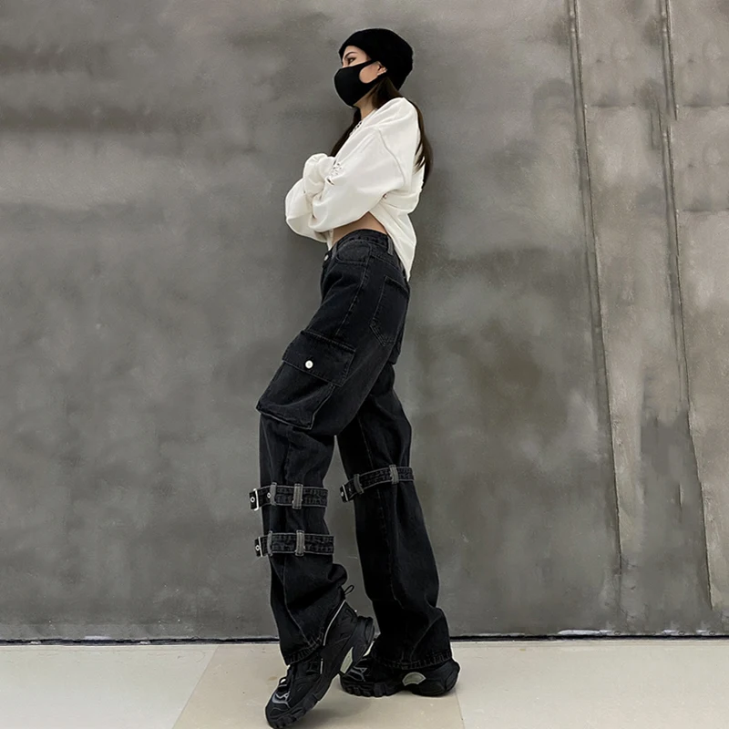 

[EAM] Vintage Buckle Pocket Black Denim High Waist Trousers New Loose Fit Pants Women Fashion Tide Spring Autumn 2021 1DD4668