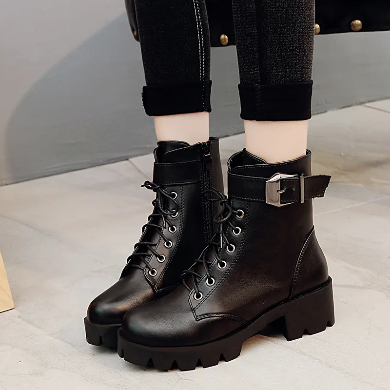 

Winter New Fashion Women's Martin Boots Fashion Lace-up Side Zipper PU Boots Round Toe Mid Heel Buckle Women's Ankle Boots