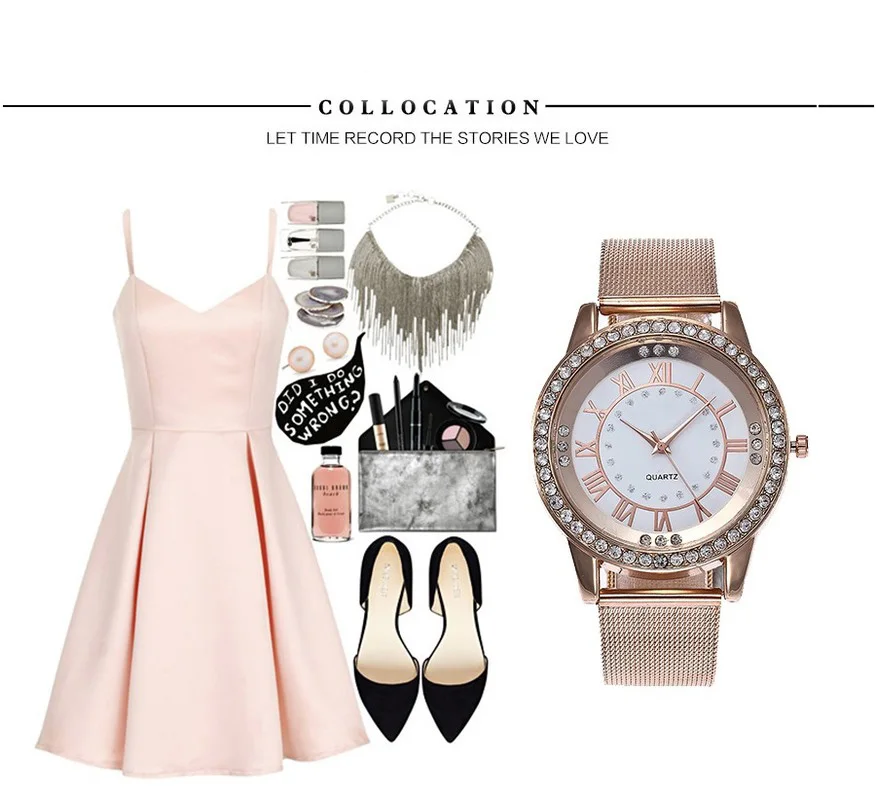 

Dropshipping Women Rhinestone Watch Fashion Casual Women Silver & Rose Gold Mesh Wristwatches Gift Clock Relogio Feminino Hot