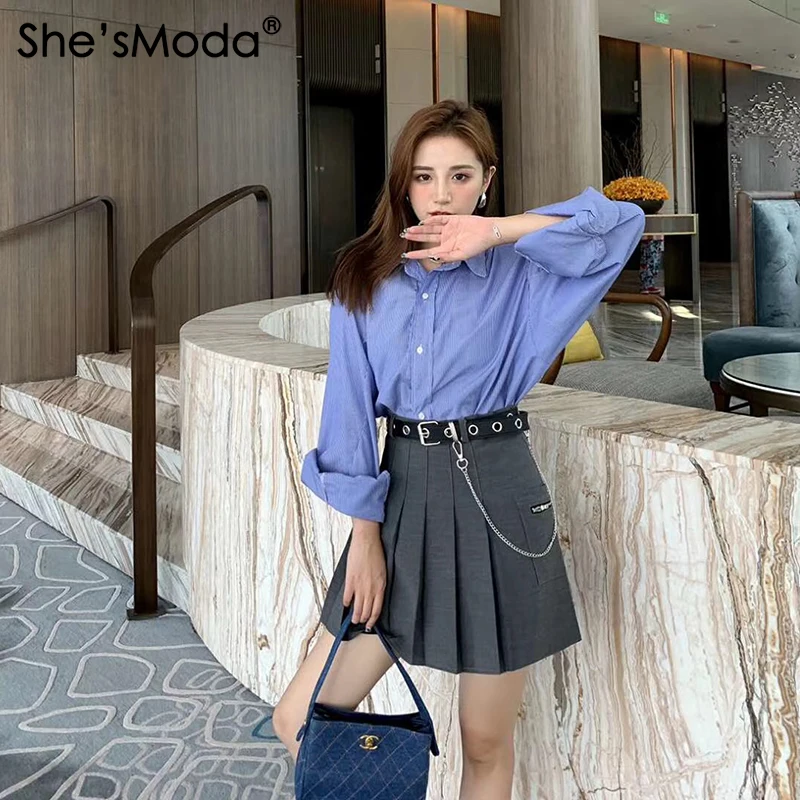 

She'sModa Harajuku Style Rock Pleated Chain Belt A-Line Suit Fabric Spring Summer Women's Mini Skirt