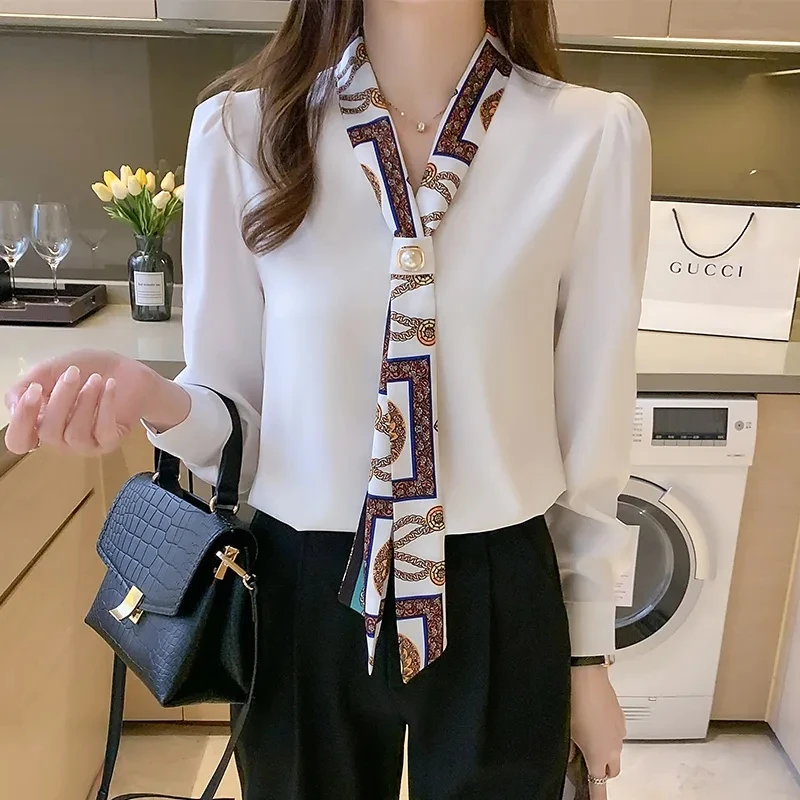 Korean Style Satin Shirt Women Chic Formal  OL Long Sleeve Blouse Casual Loose Big Size Pullover Spring Scarf Collar Tops Female