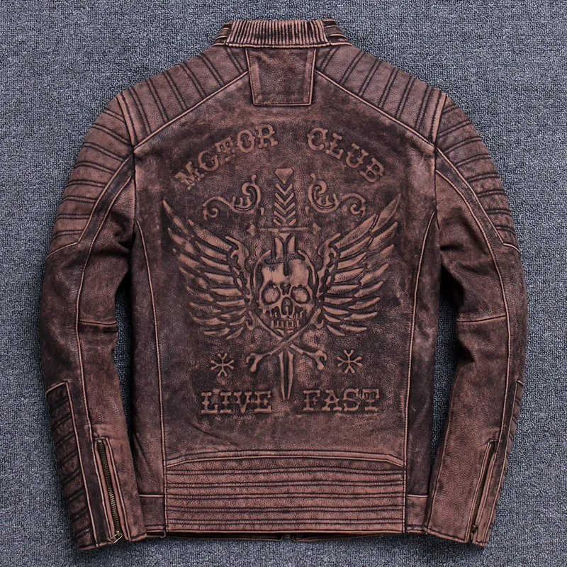 

Men's Head Layer Cowhide Genuine Clothing Locomotive Leather Jacket Human Skeleton Stand Lead Short Fund Loose