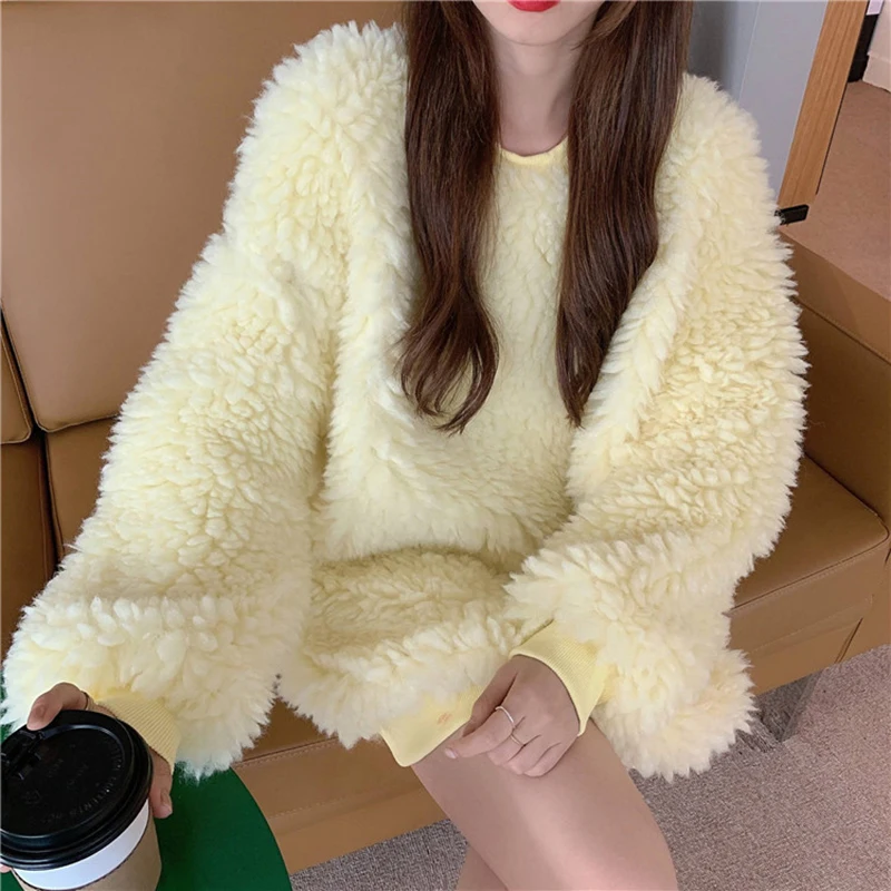 

2021 Spring Autumn New Women's Lambswool Hoodies Warm Pullovers Oversized Harajuku Simple Loose Vintage Ladies Sweatershirt Z955