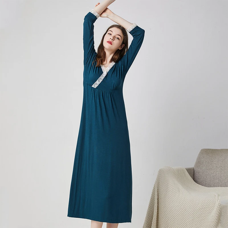 Nightdress for Women Lace Elegant Home Wear Nightgown Cotton Green Long Sleeve V-Neck Sleepdress Sleepshirt Nightwear Sexy Dress